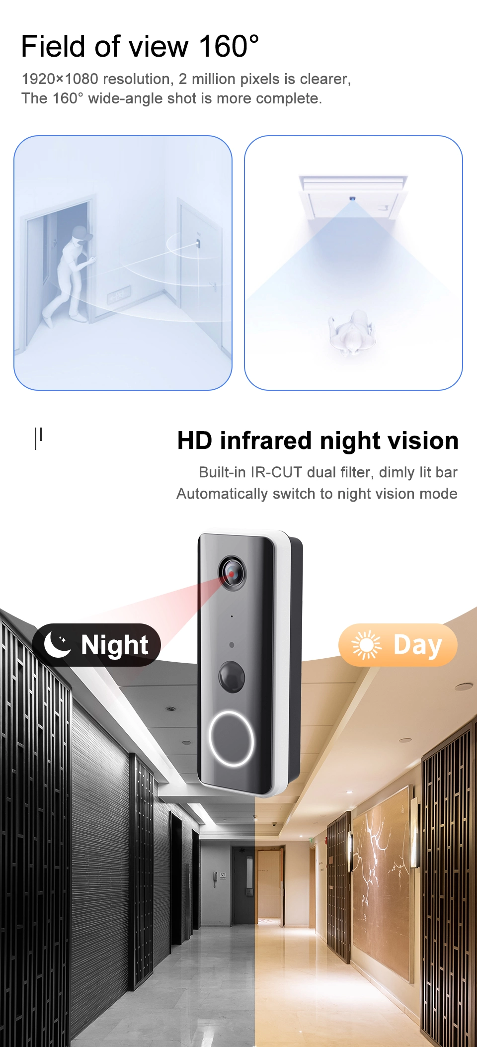 1080P WiFi Smart Video Doorbell PIR Detection Alarm H. 265